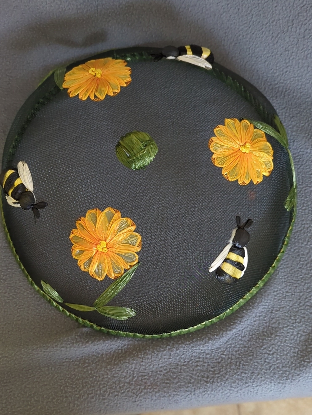 Mesh Food Dome Cover. Vintage. Raffia Flowers And Bumble Bees